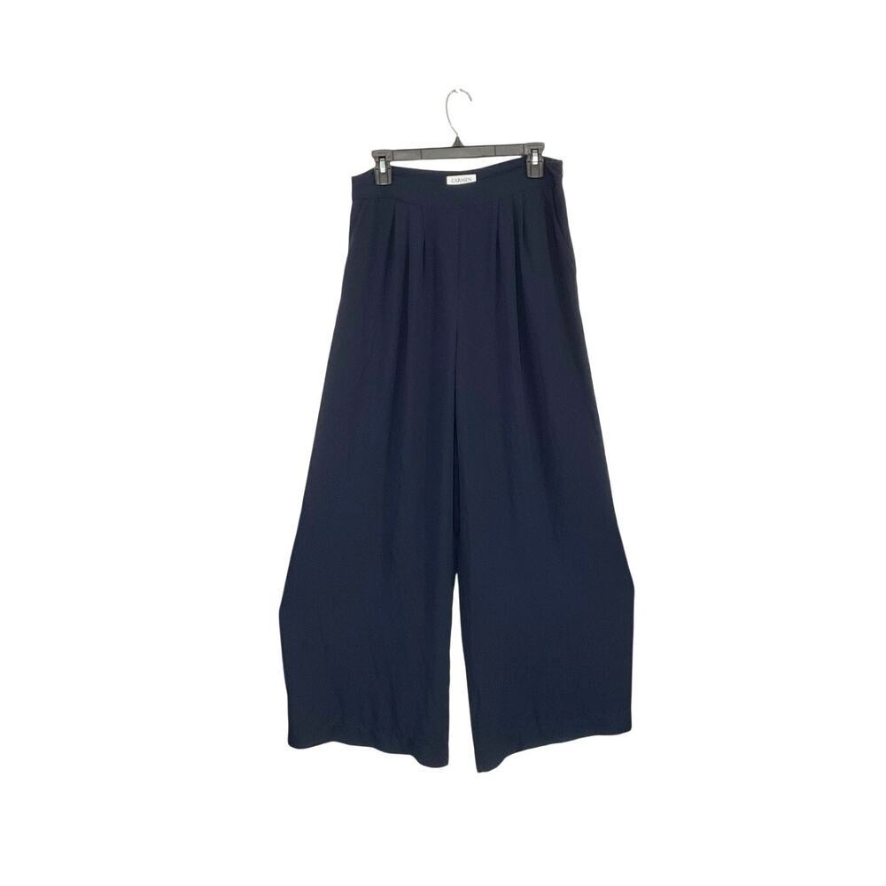 Carmen Marc Valvo Wide Leg Palazzo Dark Blue Chiffon Pants Sz 8 Medium Pockets